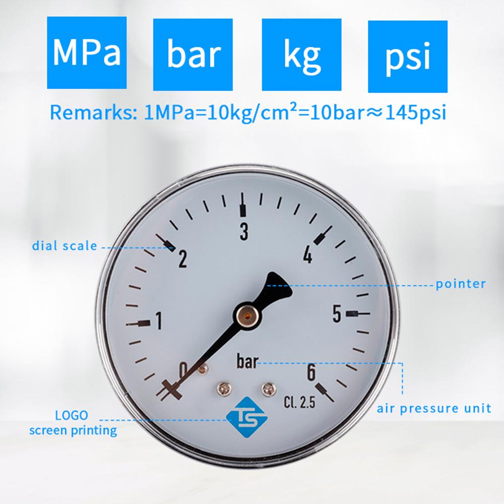 TS-60-6bar High Precision 60mm Large Dial Pressure Gauge 0-6 Bar Water/Gas/Air Pressure Measurement Tool with 1/4'' NPT Bottom Mount