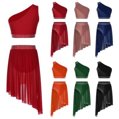 Женский лирический танцевальный костюм из шифона, спортивная гимнастика, спортивная одежда, современный джазовый танцевальный костюм, укороченный топ с юбкой