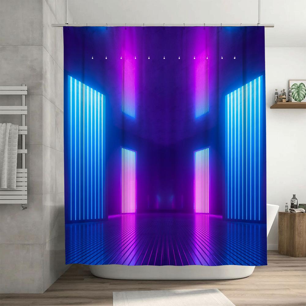 Роскошная LED шторка для душа Футуристический ретро-стиль с розовыми и синими огнями Экстра-длинная Водонепроницаемая Декор для ванной комнаты