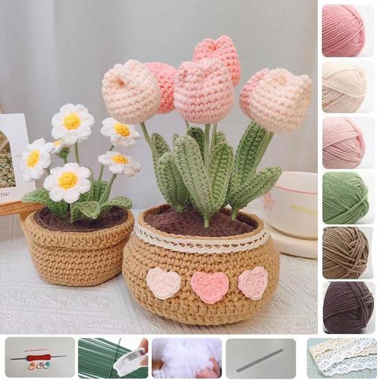 1 Set Vibrant Color Simulation Flower Creative DIY Crochet Kit Tulip Potted Crochet Material Bag