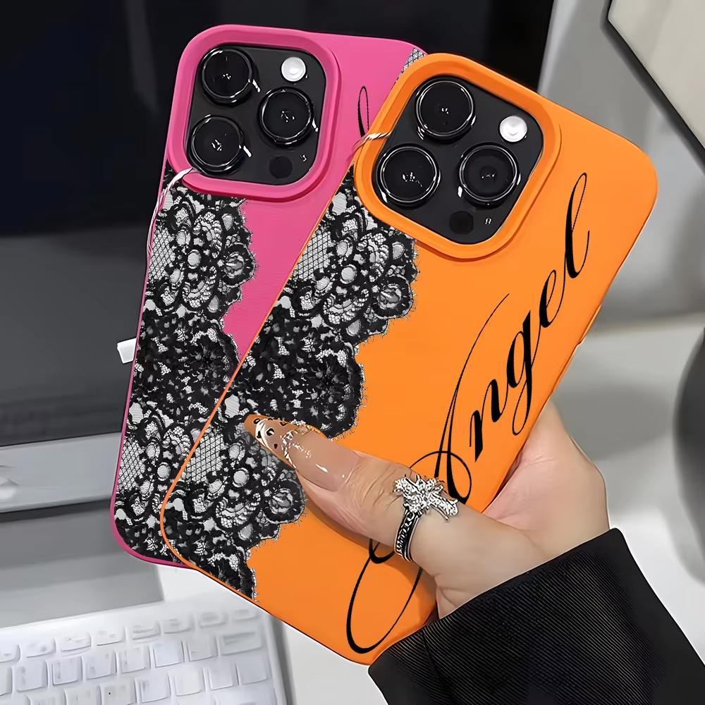 Черный Кружевной Ангельский Узор Силиконовый Чехол для Телефона Для iPhone 11 12 13 14 15 16 17 Pro Max 17 Air 14 15 Plus X Xs XR Личи Мягкая Обложка