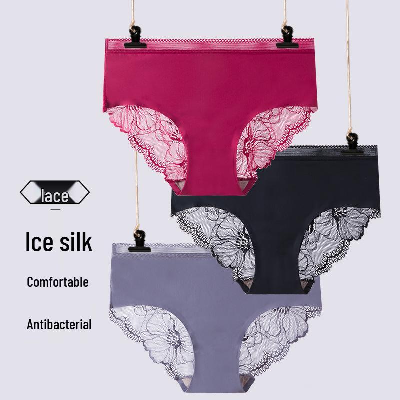 Ice Silk Seamless Lace Panties - Women's Mid-Waist All-Cotton Antibacterial Crotch, Breathable Summer Shorts