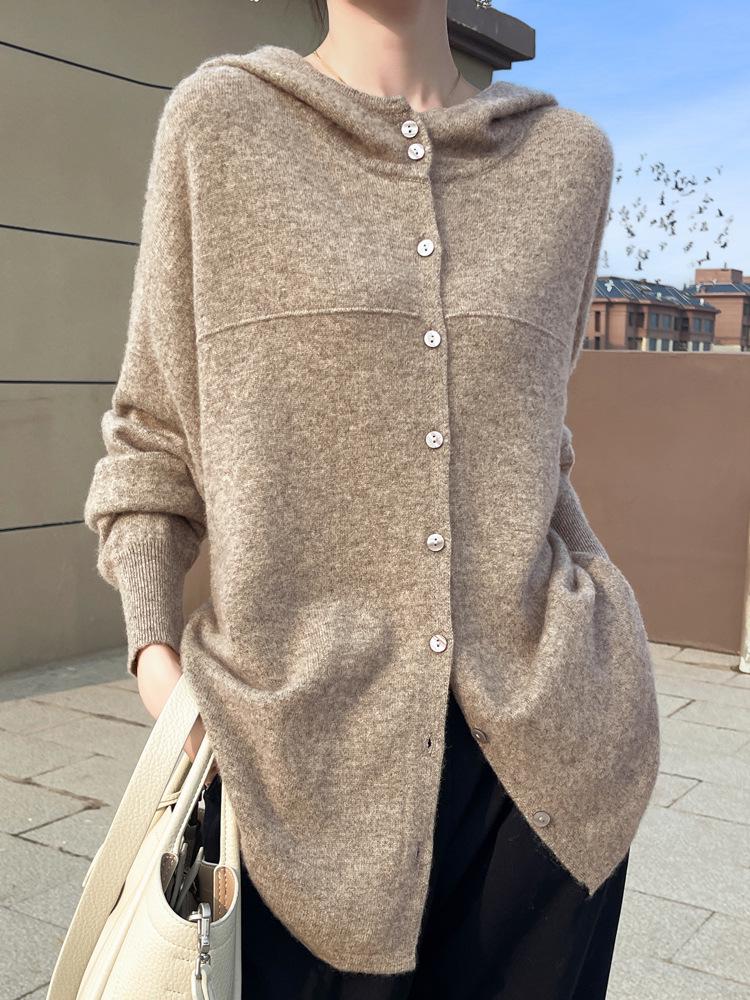 Pure Wool Women's Autumn/Winter 2024 Round Neck Hooded Button-Up Knit Cardigan Sweater Coat
