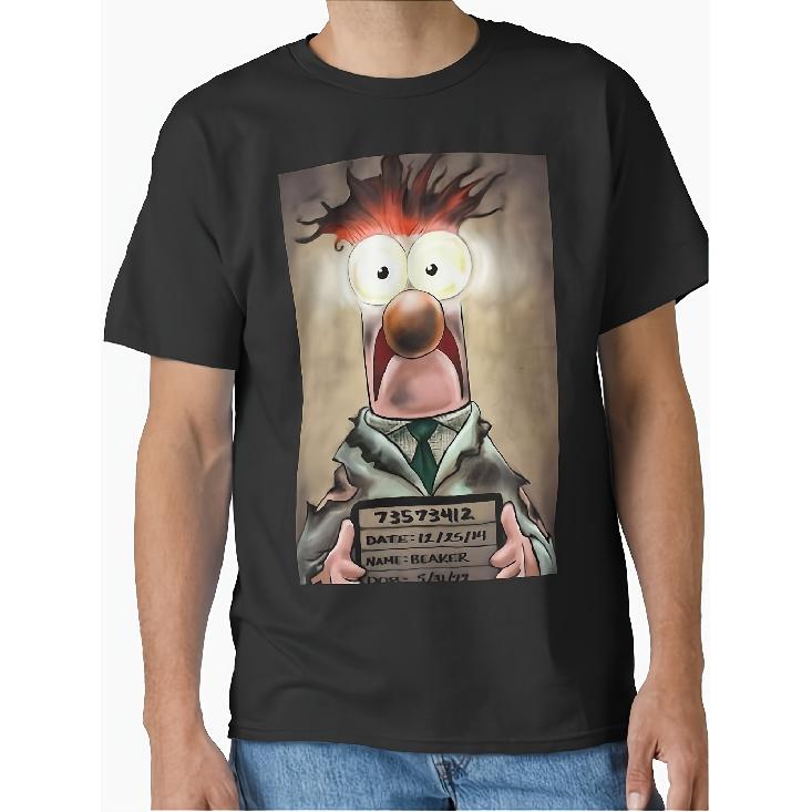Men's black cotton t-shirt with funny cartoon beaker mugshot graphic, short sleeve crew neck casual top for fans of muppets and quirky humor