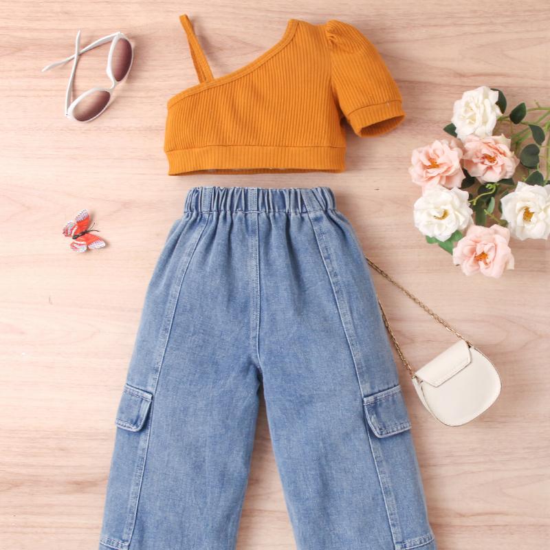 Комплект одежды для девочек: Летний детский однотонный свитер с короткими рукавами и открытыми плечами, комплект из двух предметов из денима с множеством пуговиц