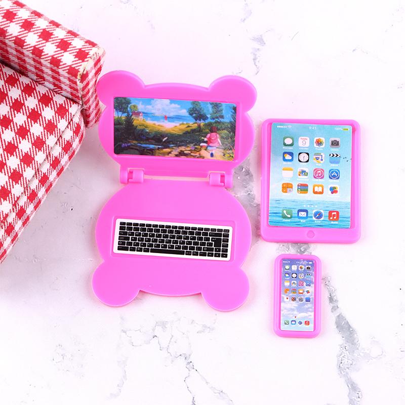 3Pcs/Set 1:12 Dollhouse Miniature Folding Laptop Model Computer Tablet Phone Set Doll House Office Scene Home Decor Toy