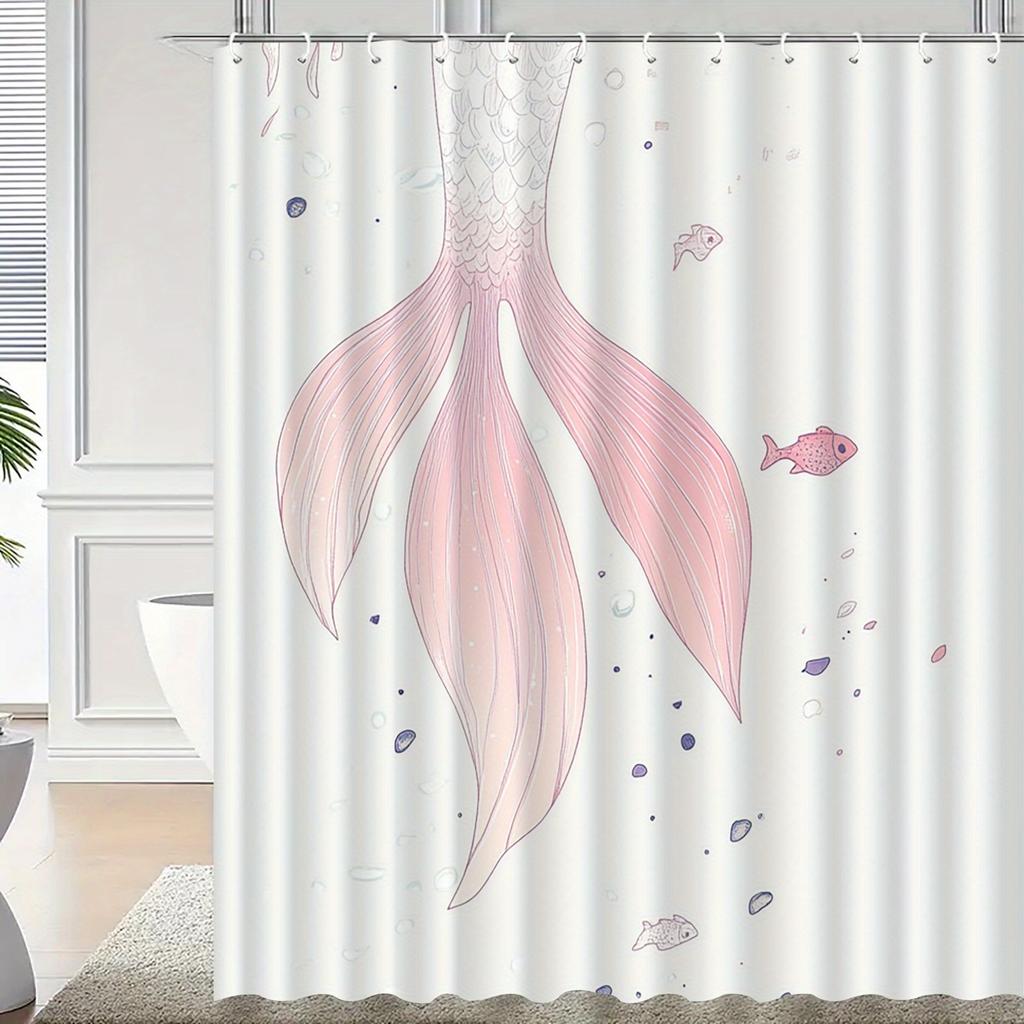1pc fish tail pattern shower curtain with hook, bathroom partition, bathroom accessories, home decoration