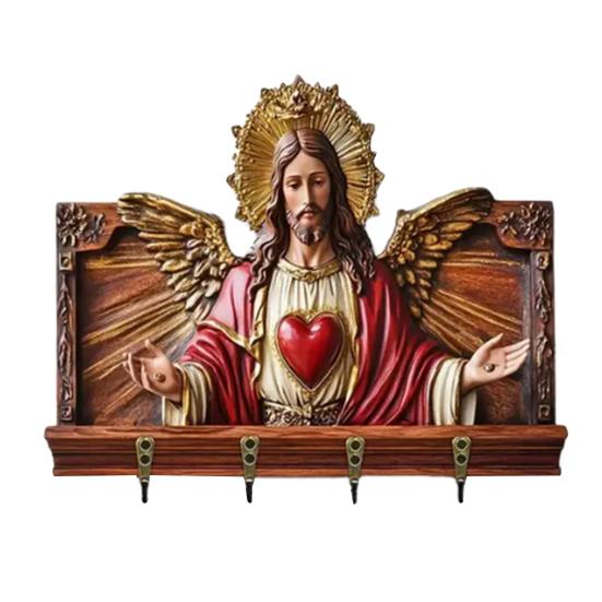 Wall Mount Key Holder Wooden Carving Jesus Themed Key Organizer Multi-purpose Home Office Entryway