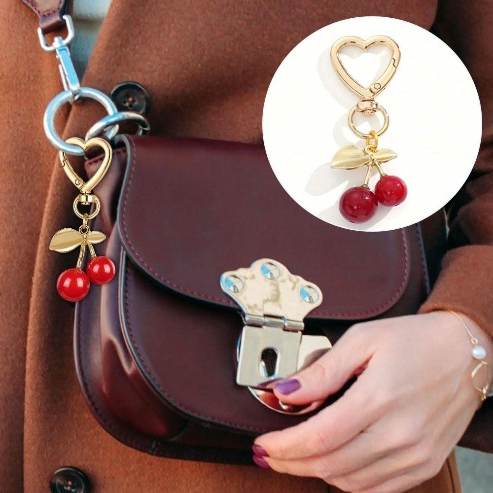 Милый брелок с вишенкой, шарм для сумки в форме сердца, прочный карабин-лобстер, аксессуар для сумки для DIY, аксессуары для ключей от машины, брелок с золотым листиком