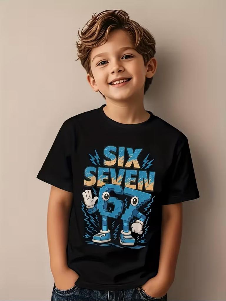 Boys 7th Birthday TShirt Number 67 Lightning Design Crew Neck Short Sleeve Party Outfit Suitable for 7YearOlds