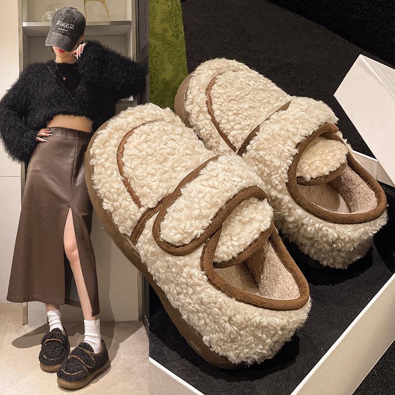 Модные зимние теплые меховые туфли для женщин, плюшевые домашние туфли, пушистые туфли из искусственного меха для дома и улицы, пушистые домашние гладкие тапочки