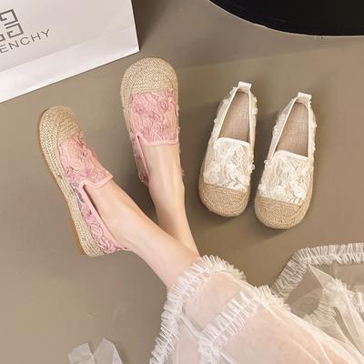 Модная женская повседневная обувь на плоской подошве 2025 стиль сетчатая ткань слипоны туфли-бобы удобная весенняя новинка ретро льняная плетеная повседневная обувь на плоской подошве