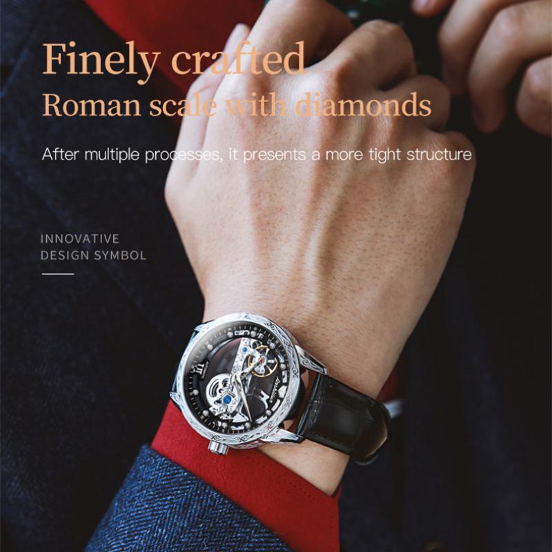 JINSHIDUN новые мужские часы для бизнеса и отдыха, полностью автоматические механические часы с перспективным полым циферблатом, элитные часы