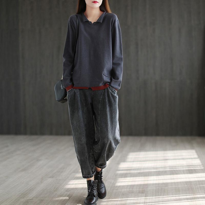 Plus Size Women's Spring Autumn Vintage Knitted Sweater Fake Two Pieces Loose Casual Bottoming Shirt Pullovers Tops