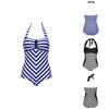 Elegant Plus Size Racy Black Halter Low Cut Beachsuit For Striped Swimwear Women