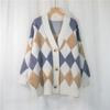 Casual Plaid V Neck Knitted Cardigan Jacket Women 2023 Winter Vintage Argyle Loose Sweater Women Long Sleeve Cardigans  28889