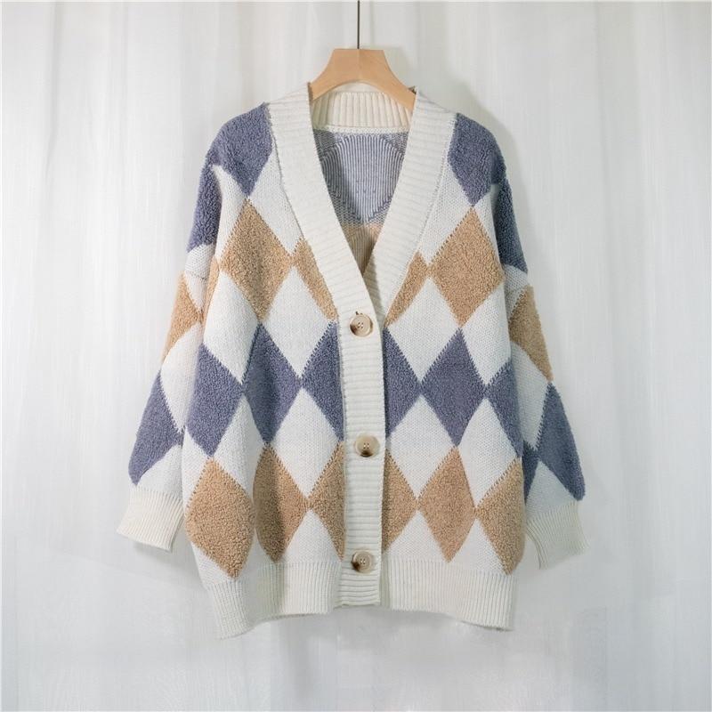 Casual Plaid V Neck Knitted Cardigan Jacket Women 2023 Winter Vintage Argyle Loose Sweater Women Long Sleeve Cardigans 28889