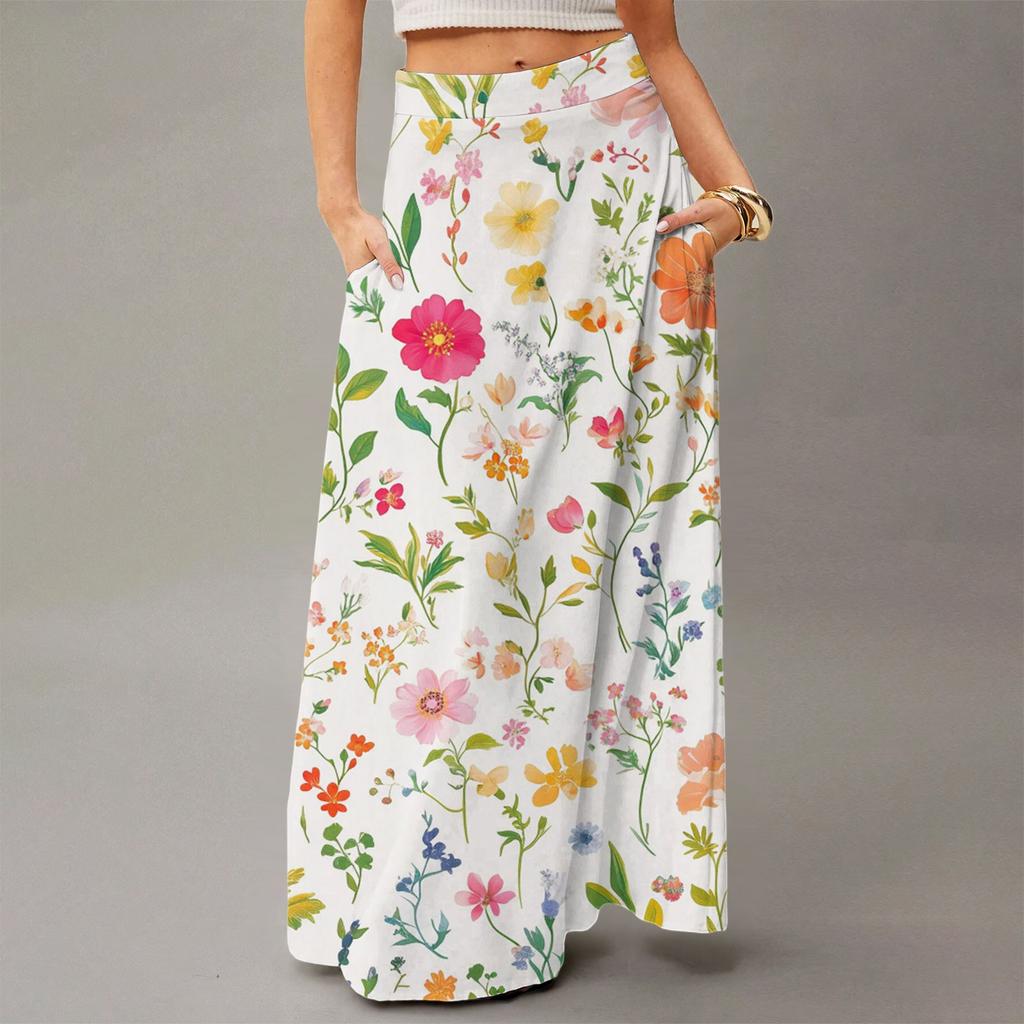 Женская повседневная складная юбка макси с цветочным принтом, высокой талией и карманом, с драпировкой