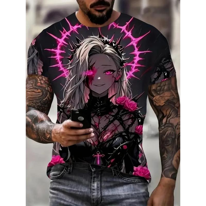 Summer Round Neck 3D Anime Character Print Top Fashionable Casual Short Sleeved Men's T-shirts