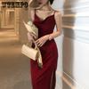Satin Dress Women French Retro Silk Red Suspender Dress Female Spring and Summer Dress Long Solid Color Sexy Dress