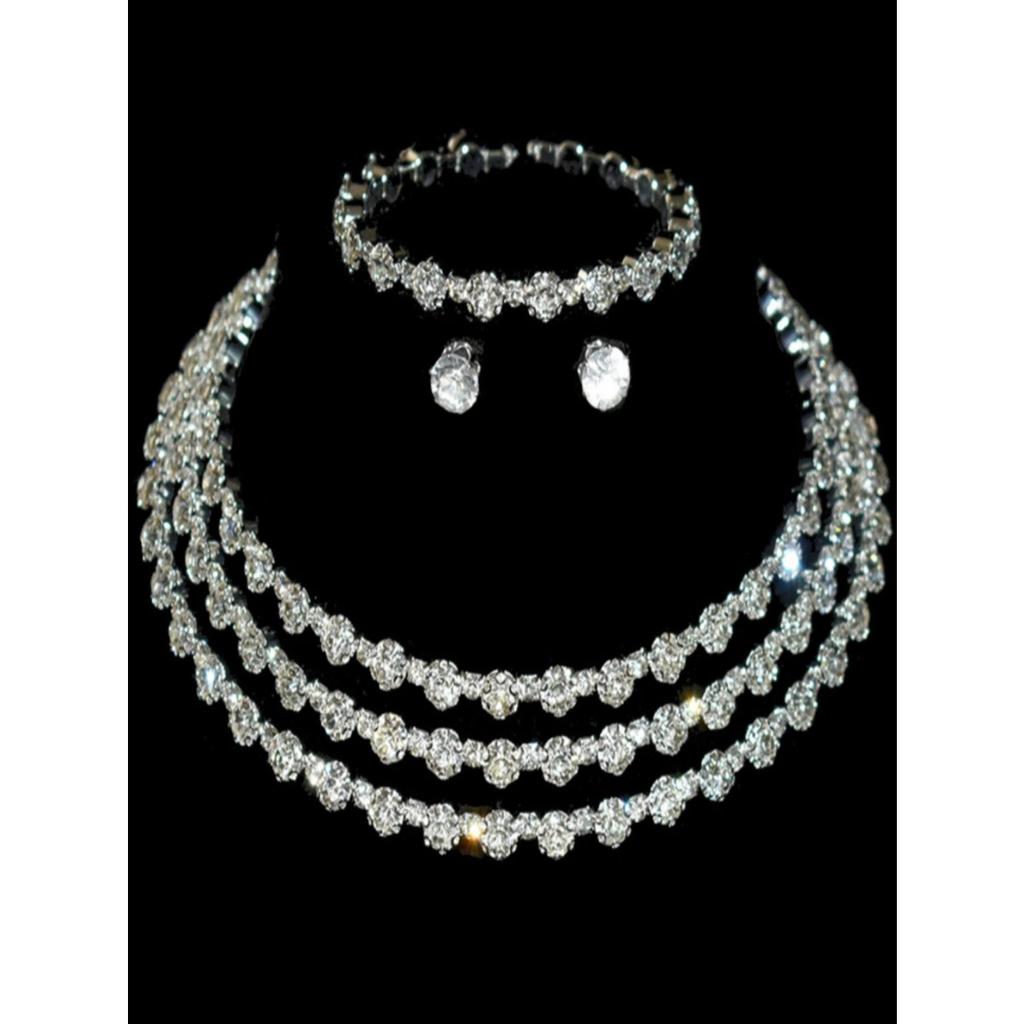 4-piece Women's Jewelry Set with Rhinestones, Multi-layer Collars, Earrings, Bracelets, Wedding Party Accessories