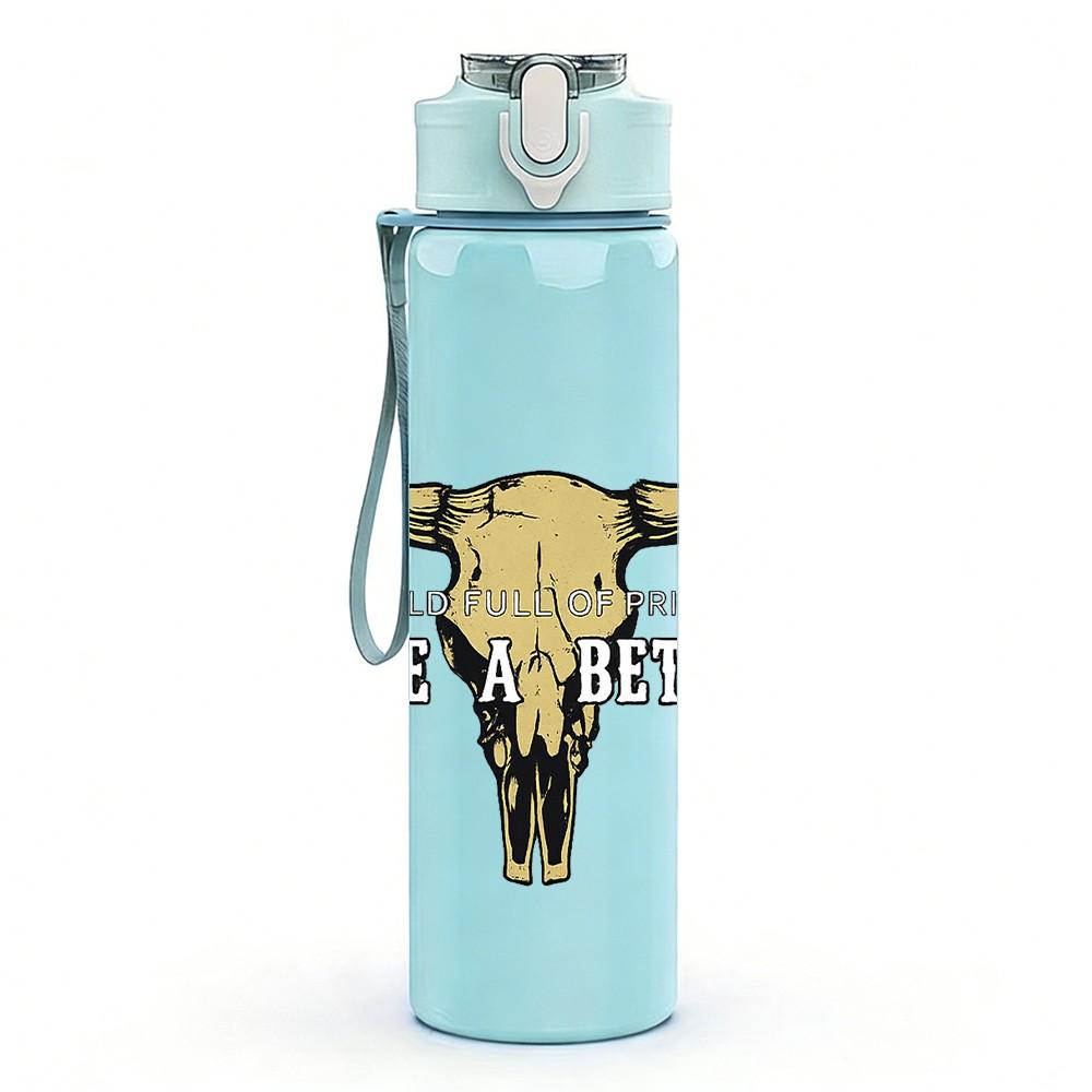 1PC Bull Cow Skull Western Art Print 750ml Color Plastic Sports Water Bottle Leakproof Flip Straw Lid Suitable for Sports Office Home Use