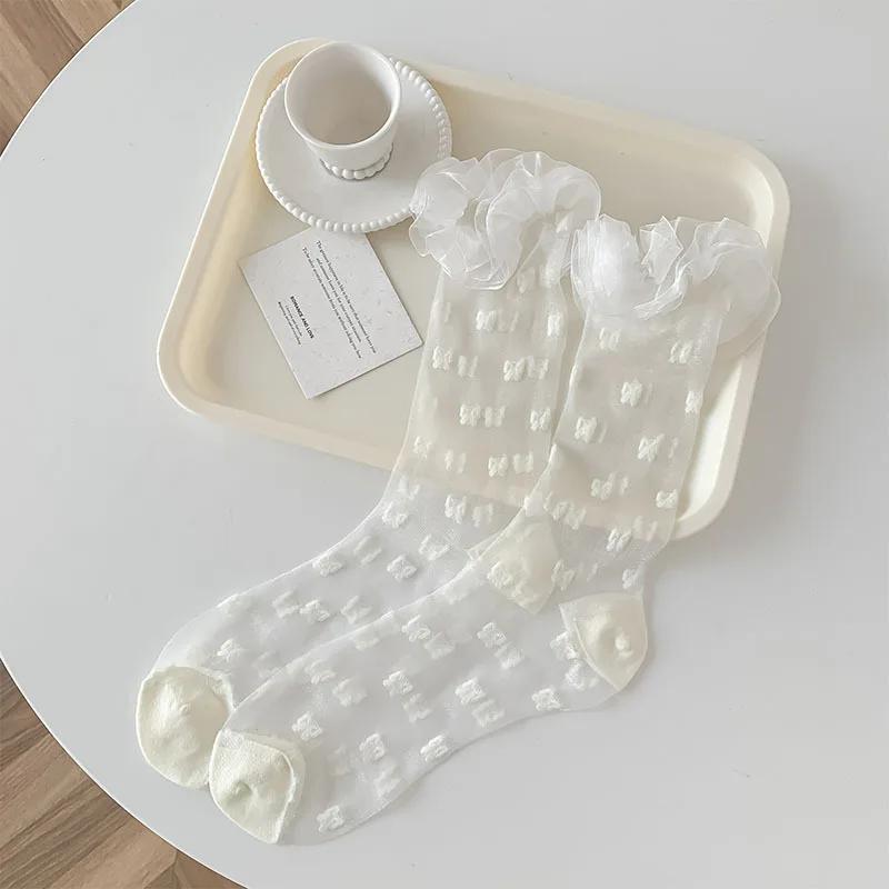 Носки из шёлка с кристаллами и принтом в виде сердца, милые носки для девочек в стиле кавайи с оборками, женские летние ультратонкие прозрачные эластичные длинные носки в горошек