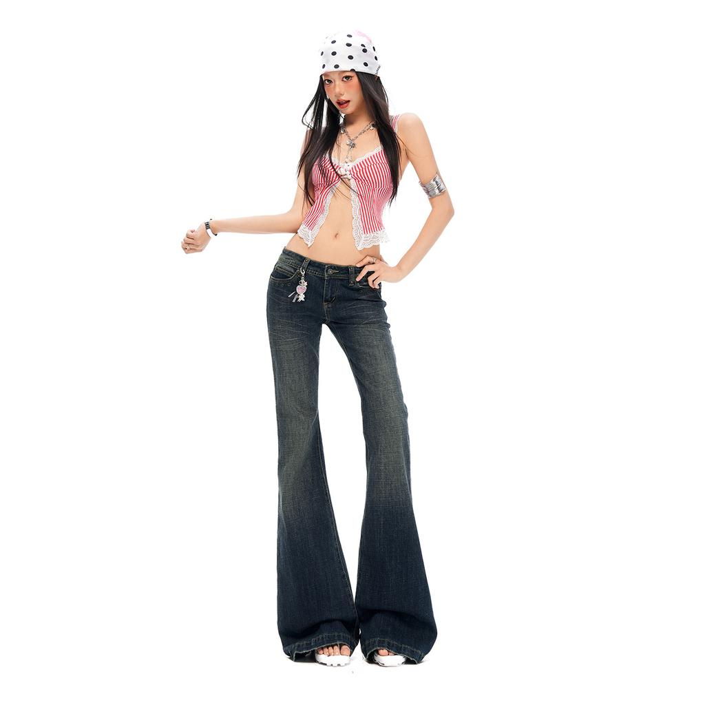 American retro riveted Spice Girl low-rise slightly pulled jeans women's summer new loose and thin flared pants