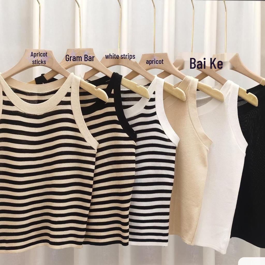 Женский облегающий полосатый трикотажный жилет без рукавов: Новый летний дизайн, универсальный и стильный.