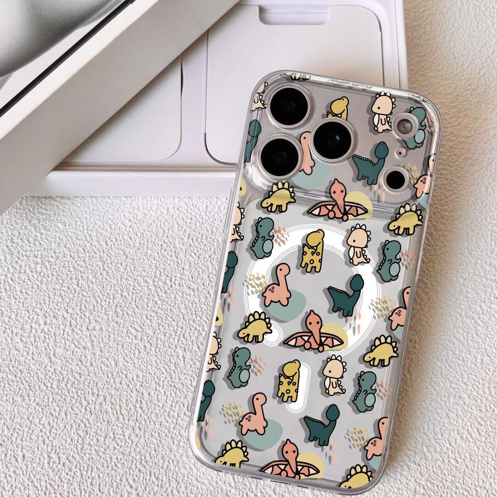 Мультяшные динозавры Милый чехол для телефона для iPhone 17 16 15 14 13 12 Pro Max Plus С магнитным Кристально прозрачный чехол Беспроводная зарядка