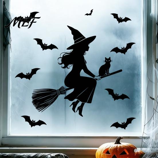 Flexible Cuttable Glass Film Halloween Witch Black Cat Static Window Stickers, Waterproof PVC Silhouette Decals, Weatherproof Removable Wall Art Decor
