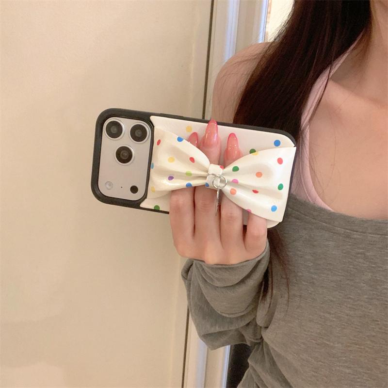 Милый чехол для телефона с радужными горошками и бантом для iPhone 17 Pro 16 15 14 Pro Max с подвеской-сердечком, кожаный, ударопрочный, чехол 16 17 15pro