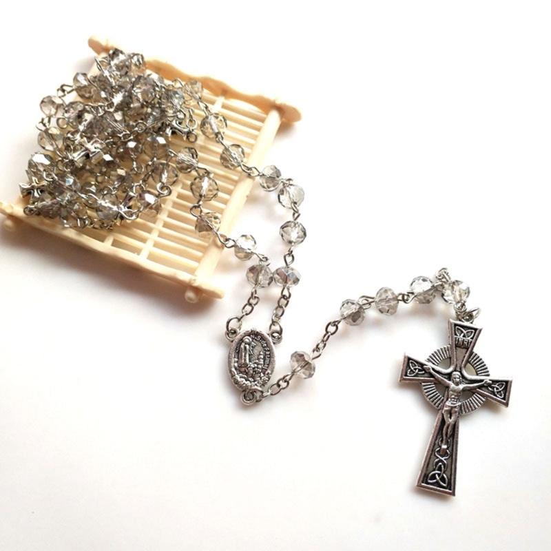 Gray Crystal Rosary Necklaces Catholic Crucifix Cross Pendant Long Necklaces Religious Jewelry for Women Men Gift