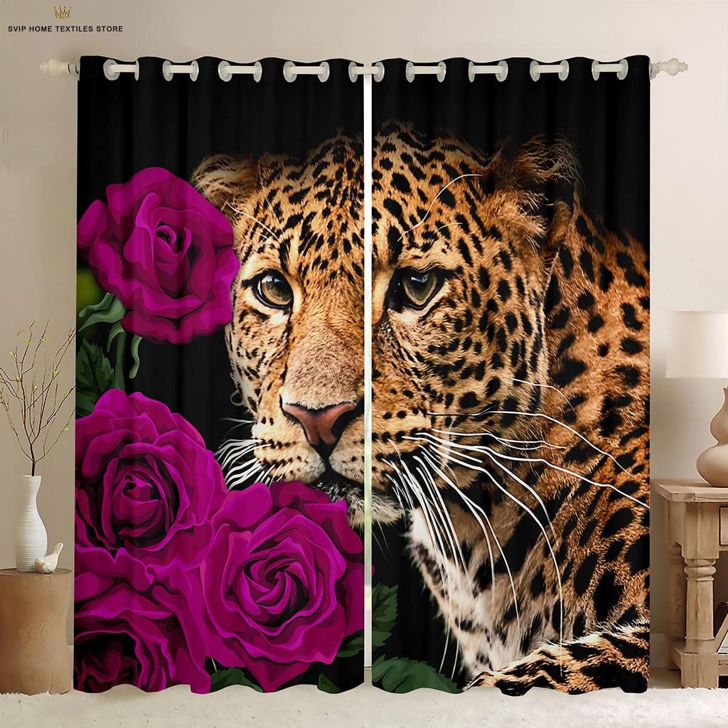 Занавеска с изображением розового цветка и тигра, напечатанная на 3D-принтере, занавеска в стиле ретро, украшение окна, карман для штанги, украшение для дома, 2 шт.