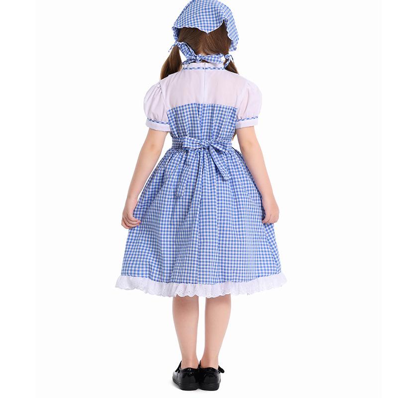 Blue Plaid Halloween Cosplay Costume for Kids with Headscarf & Skirt