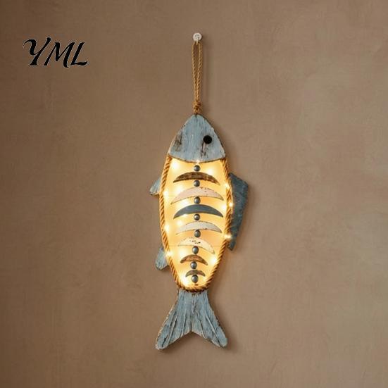 Adjustable LED Atmosphere Light Bohemian Wooden Fish Wall Decor With/without Lights, Coastal Retro Hanging Ornament Art for Bedroom Living Room