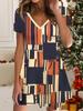 Fashion Women's V Neck Short Sleeve Geometric Pattern Printed  Dress Sex Short Skirt Dresses