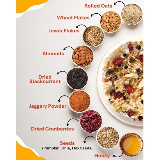 True Elements Мюсли Crunchy Nuts & Berries, миндаль и клюква 1 кг - Мюсли Nuts Delight - 30% ягод | Белковые мюсли | Здоровый завтрак