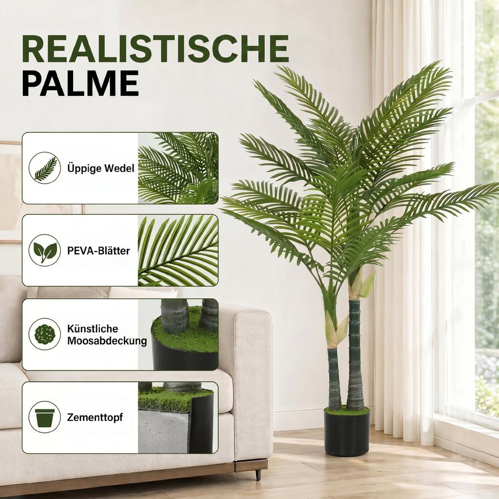Artificial Palm Tree with 16 PEVA Leaves, 150cm Decorative Artificial Plant with Pot and Moss Effect, Green