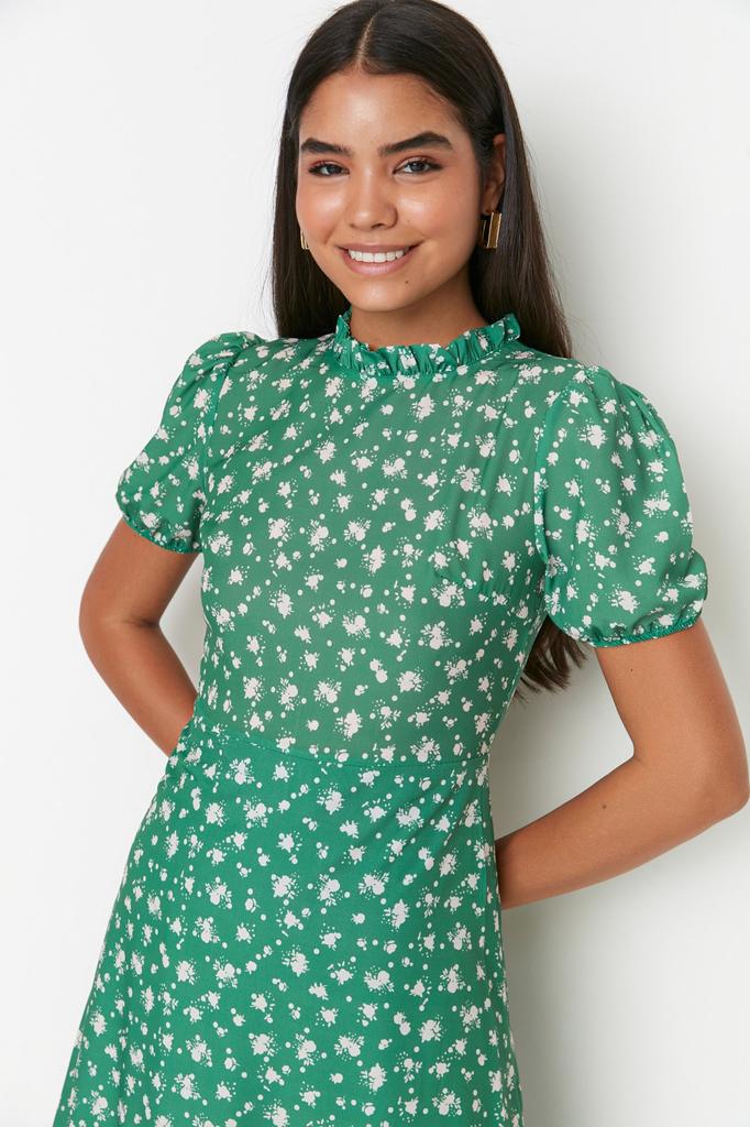 Women's Fashion New Dress Green Floral Patterned A-Line Flounce Lined Midi Woven Dress