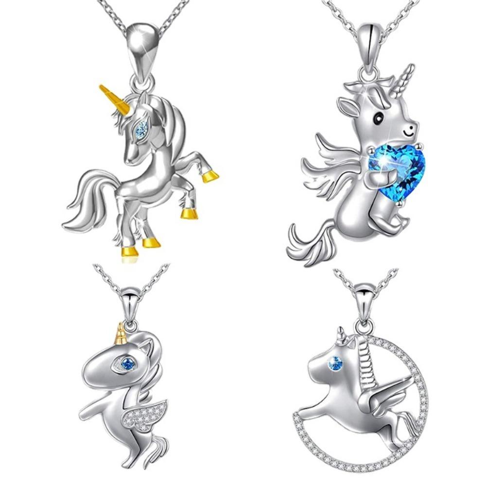 Fashion Two Tone Plated Unicorn Pendant Necklace with Heart and Rhinestones for Women