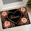 1pc Pink Rose Golden Heart "Forever" Print Flannel Suitable for Home Entrance, Bedroom Floor Mat with Non-Slip Backing, Machine Washable Soft, Adhesiv