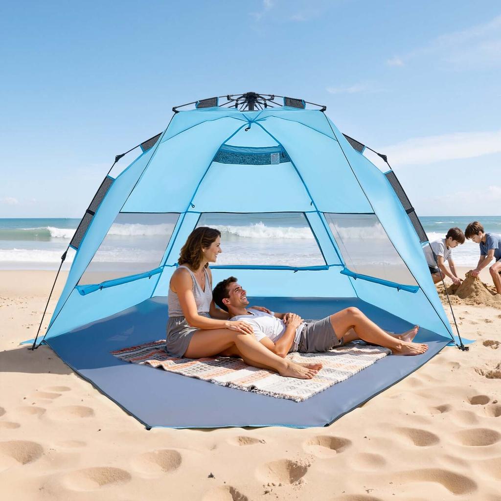 Beach Tent Sun Shelter for 4 Person, Pop Up Beach Tent UPF 50+ Protection, Portable Sun Shade Canopy with Carrying Bag and Sand Pockets, Easy Setup
