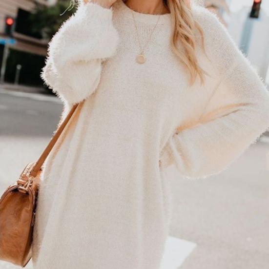 Шикарный женский осенний однотонный свитер с круглым вырезом, пушистое свободное платье длиной до колена