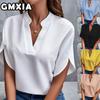 Модные женские повседневные блузки и рубашки однотонные с принтом, короткий рукав, V-образный вырез