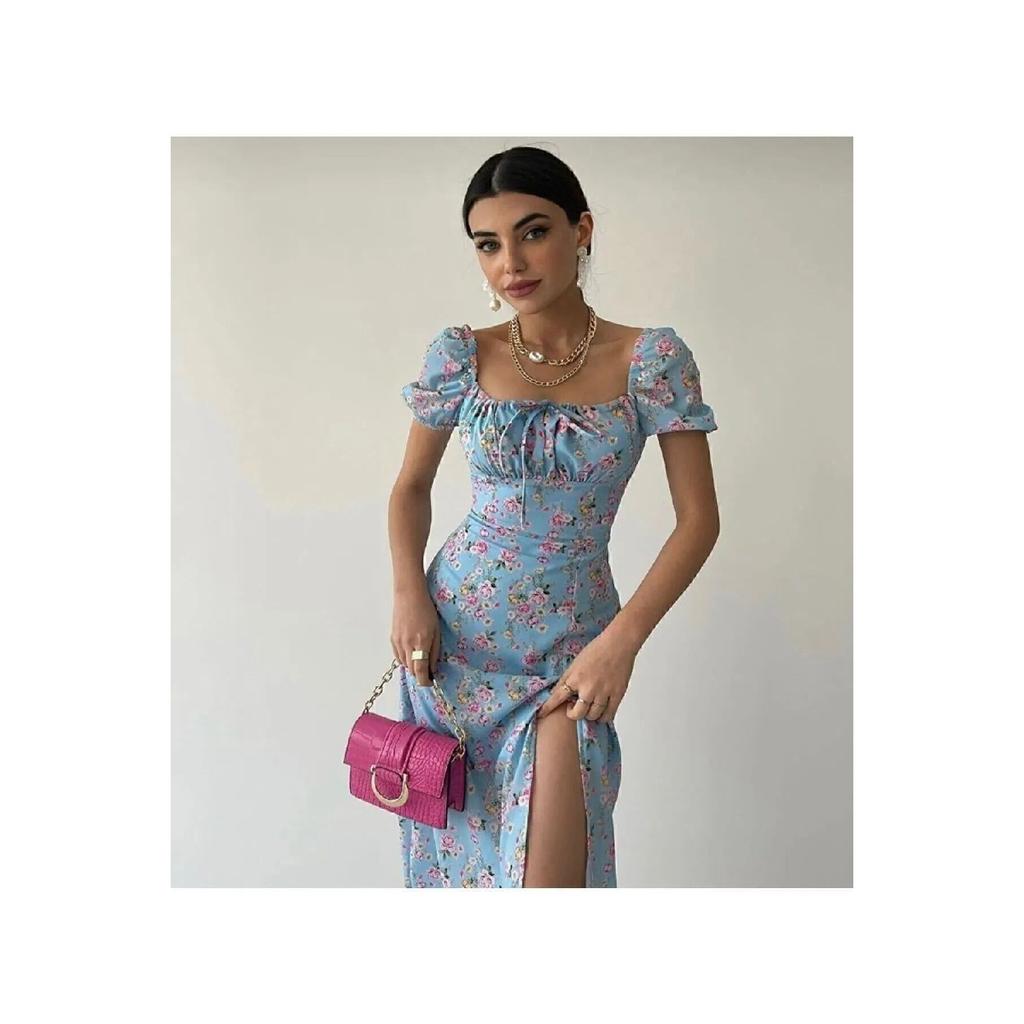 Women's Slit Loose Cut Skirt Collar Tie Detail Short Sleeve Blue Floral White Summer Dress