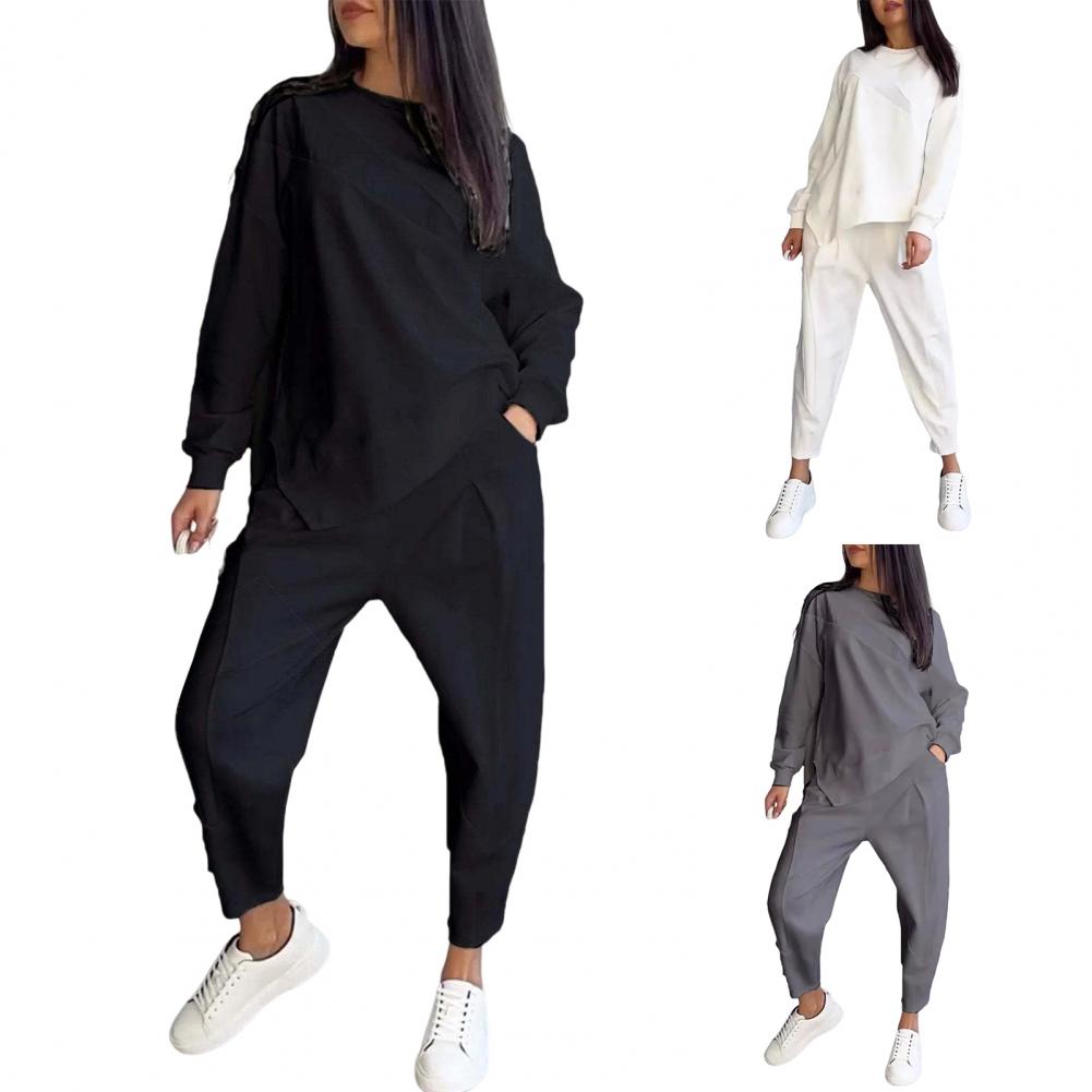 2 Pcs/Set Fall Spring Women Top Pants Set Long Sleeves O Neck Irregular T-shirt Elastic Waist Trousers with Side Pockets OL Comm