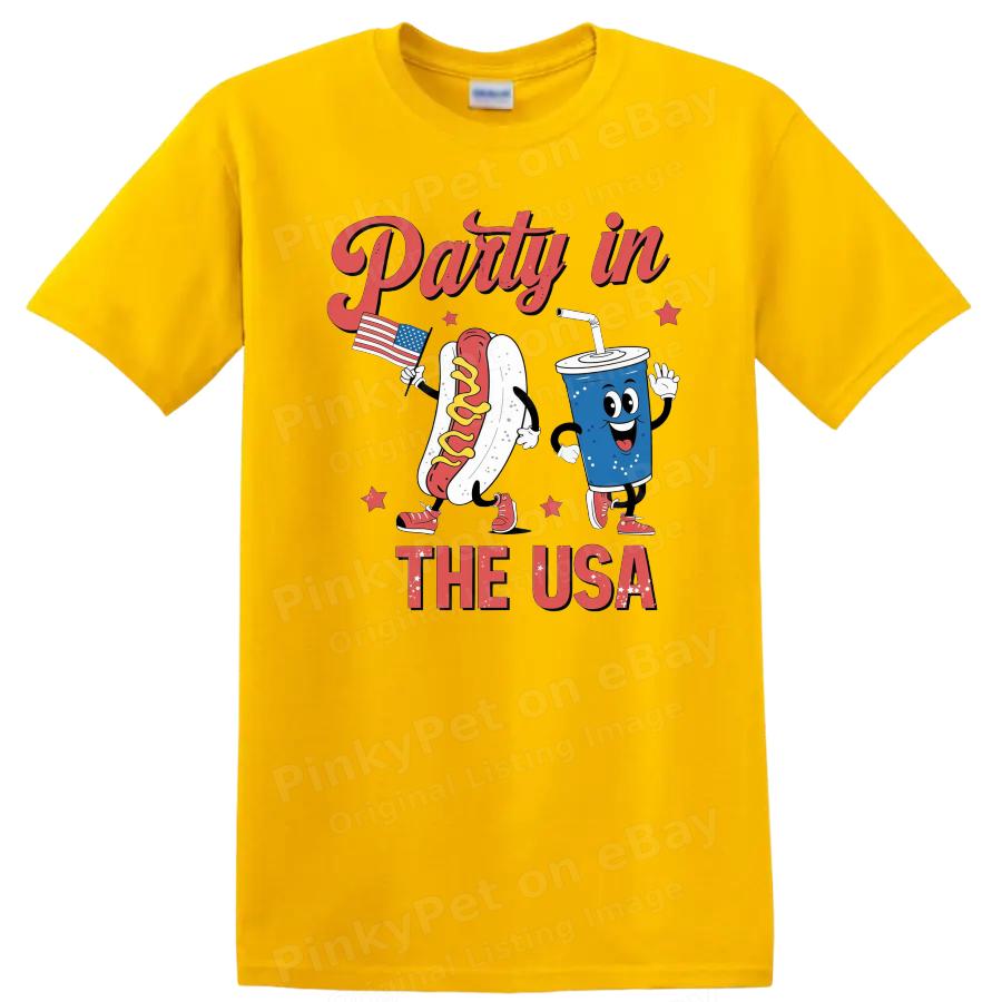 Party in the USA Hot Dog Soda T Shirt Cute Graphic Funny Tee for Summer Fun