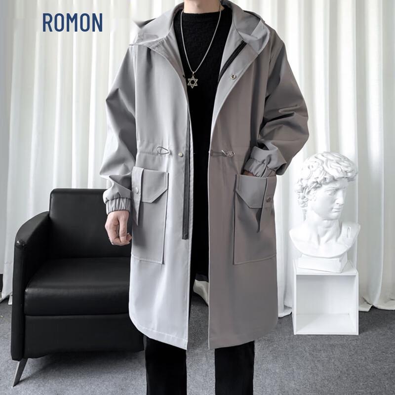 ROMON Men's Mid-length Hooded Business Casual Trench Coat