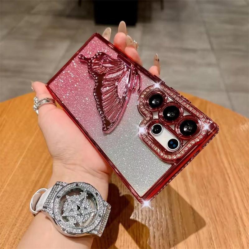 Модный держатель-бабочка с блестками для Samsung Galaxy S25 Ultra S24 FE S23 S22 Plus Diamond Cover